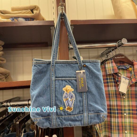 NWT POLO Ralph Lauren Small Polo Bear Canvas Tote Bag Denim